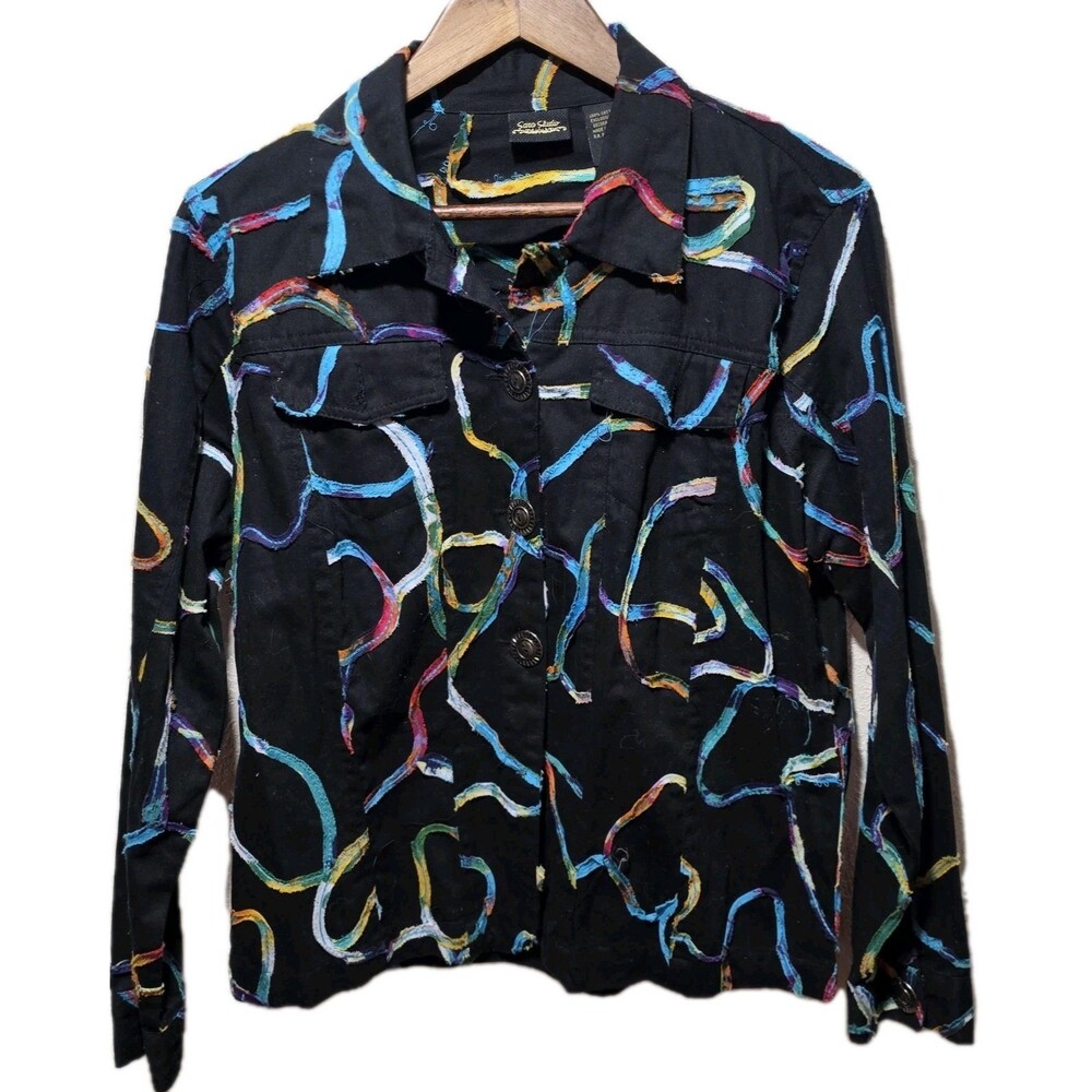 Sara Studio Black Jacket Embellished Wearable Art Abstract Boho Minimalist 90s L